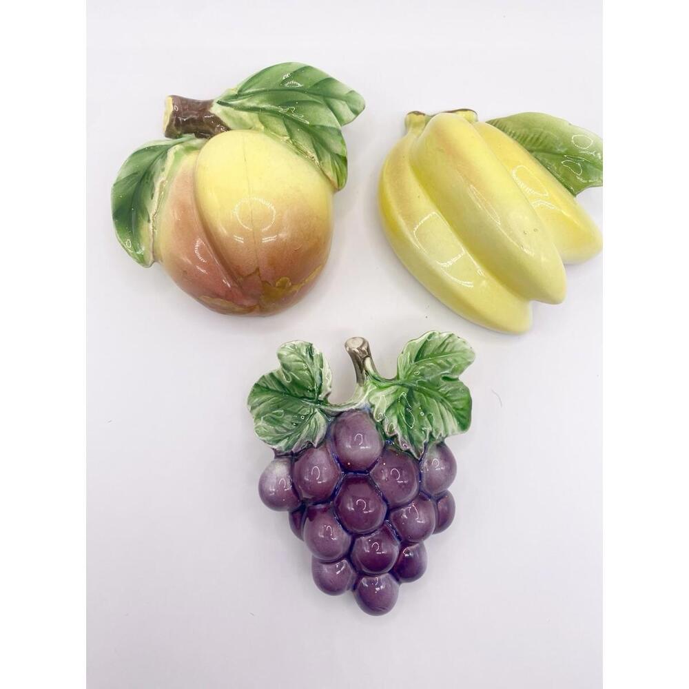 Home Interiors Ceramic Fruit 3D Wall Art Grapes, Banana, Peach Set Cottagecore